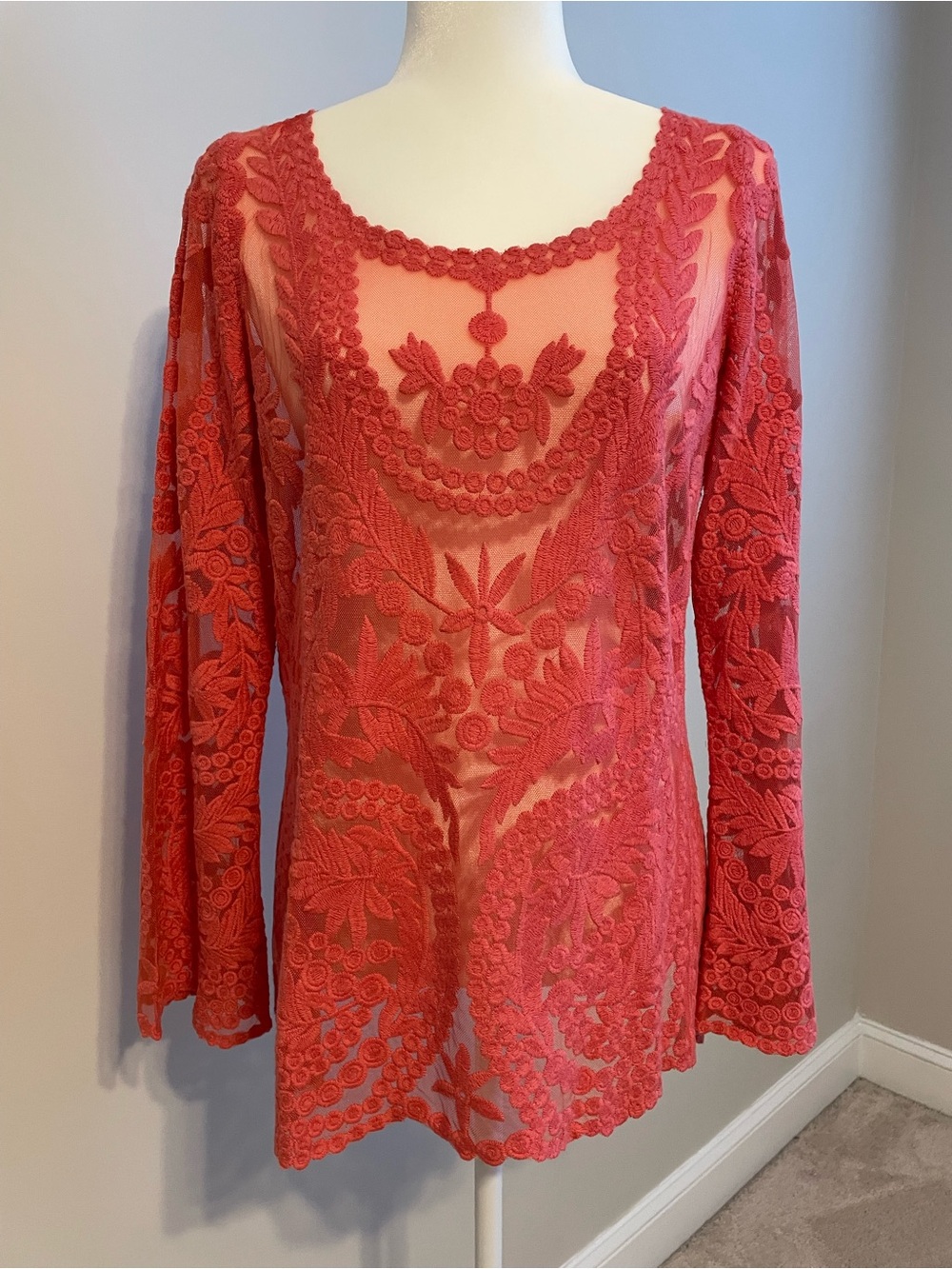 Sundance Coral Embroidered Lace Sheer Blouse